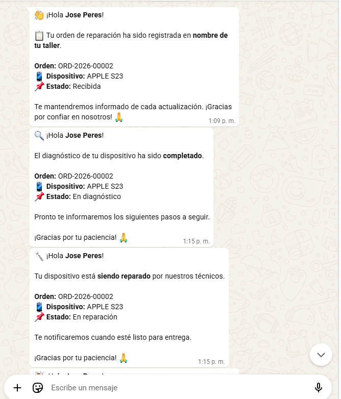 Notificación automática de correo y WhatsApp enviada al cliente desde Vega Repair