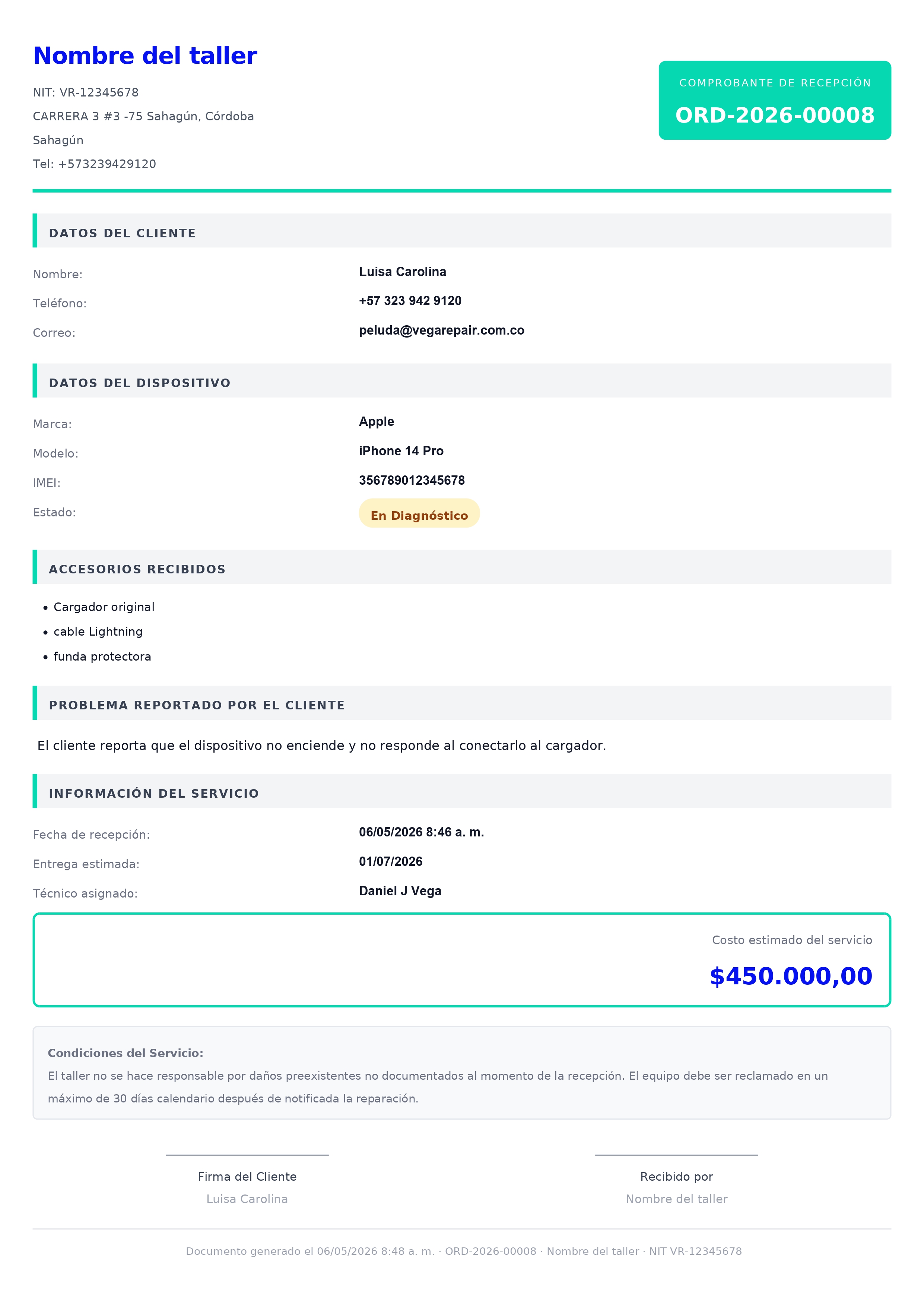 Comprobante PDF de recepción generado por Vega Repair